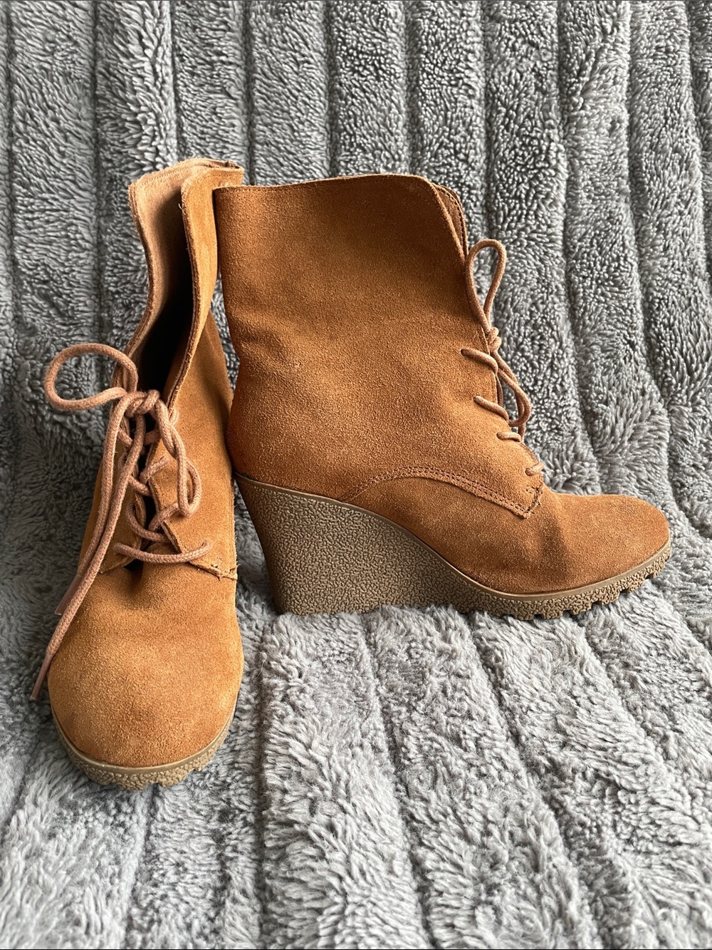 MIA Women’s Tan Suede Lace-Up Wedge Booties